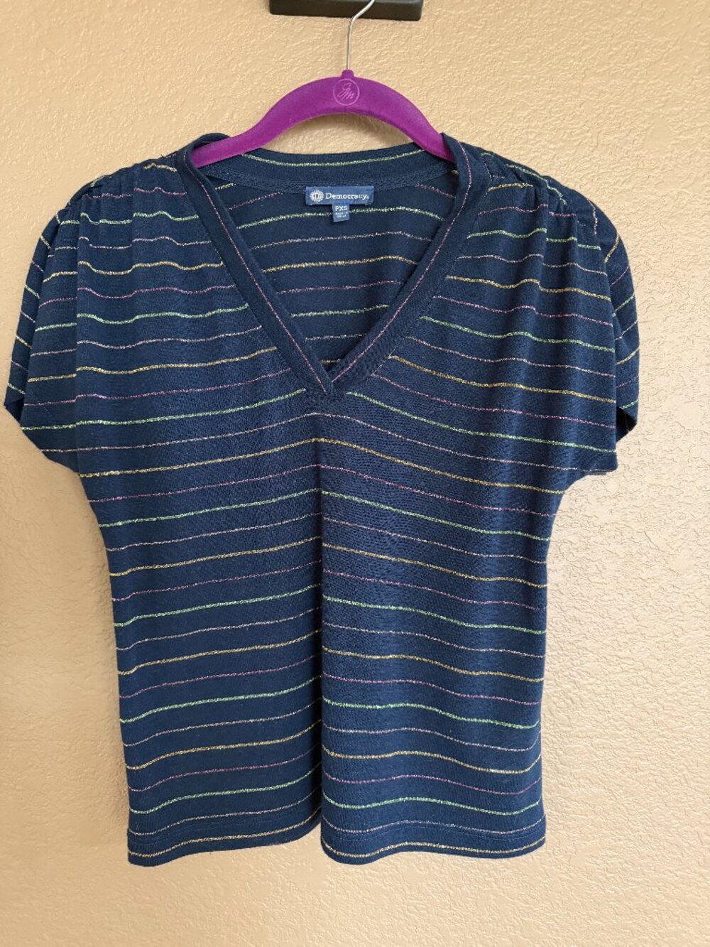 Democracy Wanda Ruched Sleeve Top PXS Petite Navy Metallic Stripe